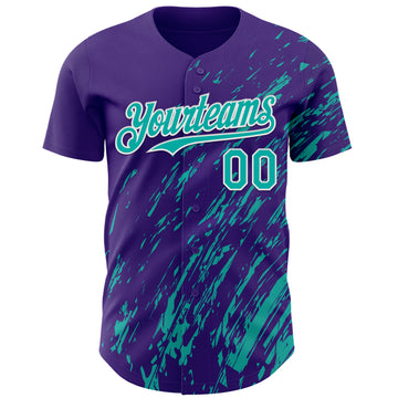 Custom Purple Aqua-White 3D Pattern Design Paint Stroke Grunge Streak Authentic Baseball Jersey
