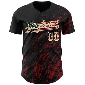 Custom Black Vintage USA Flag Crimson-Cream 3D Pattern Design Paint Stroke Grunge Streak Authentic Baseball Jersey