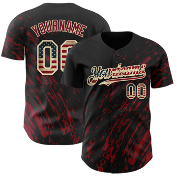 Custom Black Vintage USA Flag Crimson-Cream 3D Pattern Design Paint Stroke Grunge Streak Authentic Baseball Jersey