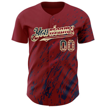 Custom Crimson Vintage USA Flag Navy-Cream 3D Pattern Design Paint Stroke Grunge Streak Authentic Baseball Jersey
