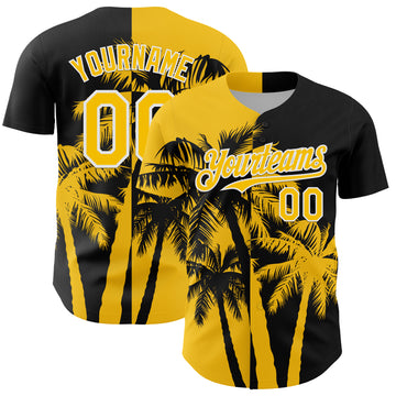 Custom Black Yellow-White 3D Pattern Design Hawaii Palm Trees Tropical Coconut Authentic Baseball Jersey