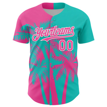 Custom Aqua Pink-White 3D Pattern Design Hawaii Palm Trees Tropical Coconut Authentic Baseball Jersey