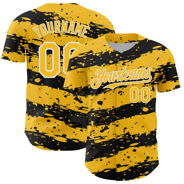 Custom Gold Black-White 3D Pattern Design Paint Splash Stripe Authentic Baseball Jersey