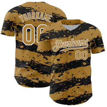 Custom Old Gold Black-White 3D Pattern Design Paint Splash Stripe Authentic Baseball Jersey