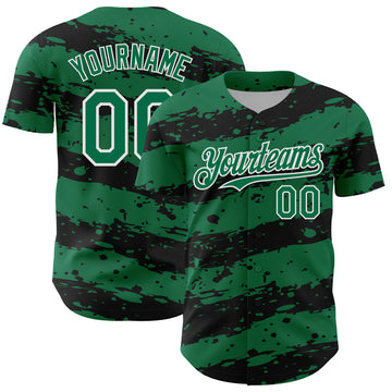 Custom Kelly Green Black-White 3D Pattern Design Paint Splash Stripe Authentic Baseball Jersey