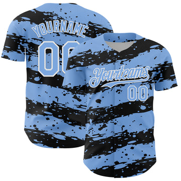 Custom Light Blue Black-White 3D Pattern Design Paint Splash Stripe Authentic Baseball Jersey