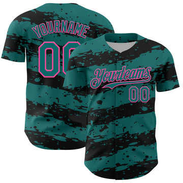 Custom Teal Black-Pink 3D Pattern Design Paint Splash Stripe Authentic Baseball Jersey