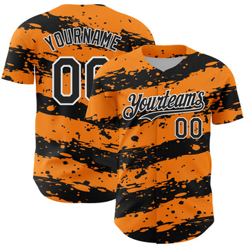 Custom Bay Orange Black-White 3D Pattern Design Paint Splash Stripe Authentic Baseball Jersey