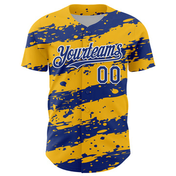 Custom Gold Royal-White 3D Pattern Design Paint Splash Stripe Authentic Baseball Jersey
