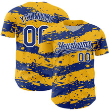 Load image into Gallery viewer, Custom Gold Royal-White 3D Pattern Design Paint Splash Stripe Authentic Baseball Jersey
