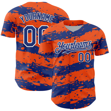 Custom Orange Royal-White 3D Pattern Design Paint Splash Stripe Authentic Baseball Jersey