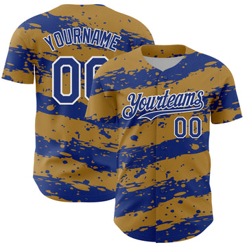 Custom Old Gold Royal-White 3D Pattern Design Paint Splash Stripe Authentic Baseball Jersey