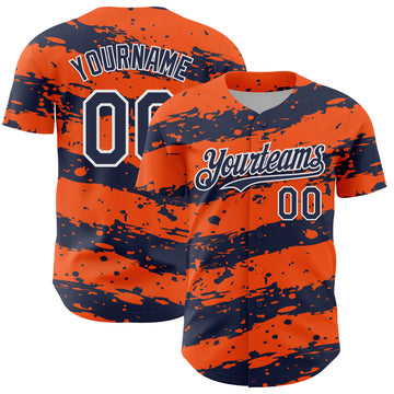 Custom Orange Navy-White 3D Pattern Design Paint Splash Stripe Authentic Baseball Jersey