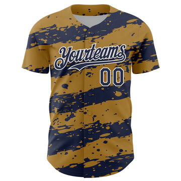 Custom Old Gold Navy-White 3D Pattern Design Paint Splash Stripe Authentic Baseball Jersey