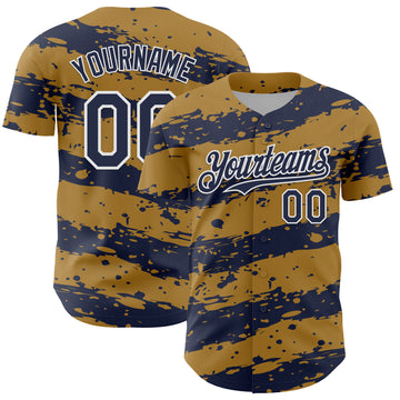 Custom Old Gold Navy-White 3D Pattern Design Paint Splash Stripe Authentic Baseball Jersey