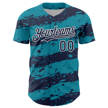 Custom Teal Navy-White 3D Pattern Design Paint Splash Stripe Authentic Baseball Jersey