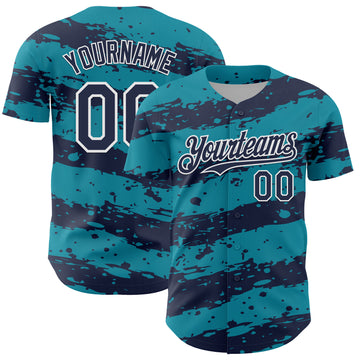Custom Teal Navy-White 3D Pattern Design Paint Splash Stripe Authentic Baseball Jersey