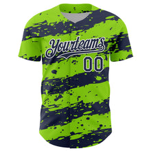 Load image into Gallery viewer, Custom Neon Green Navy-White 3D Pattern Design Paint Splash Stripe Authentic Baseball Jersey
