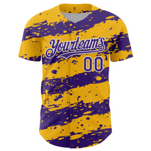Charger l'image dans la galerie, Custom Gold Purple-White 3D Pattern Design Paint Splash Stripe Authentic Baseball Jersey

