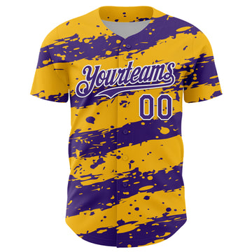 Custom Gold Purple-White 3D Pattern Design Paint Splash Stripe Authentic Baseball Jersey
