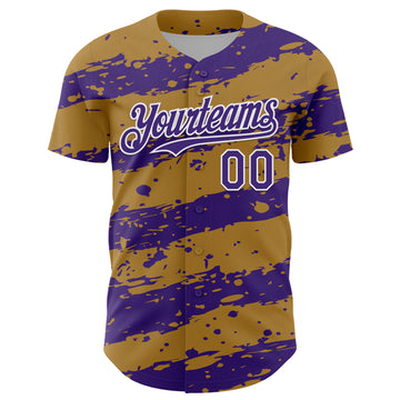 Custom Old Gold Purple-White 3D Pattern Design Paint Splash Stripe Authentic Baseball Jersey