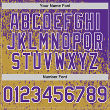 Charger l'image dans la galerie, Custom Purple Old Gold-White 3D Pattern Design Abstract Fragment Splatter Authentic Baseball Jersey
