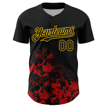 Custom Black Yellow-Red Splatter Authentic Baseball Jersey