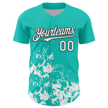Custom Aqua White-Black Splatter Authentic Baseball Jersey