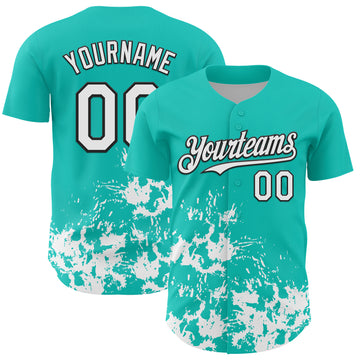 Custom Aqua White-Black Splatter Authentic Baseball Jersey