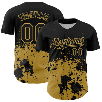 Custom Black Old Gold Abstract Splatter Grunge Authentic Baseball Jersey