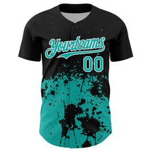 Laden Sie das Bild in den Galerie-Viewer, Custom Black Aqua-White Abstract Splatter Grunge Authentic Baseball Jersey
