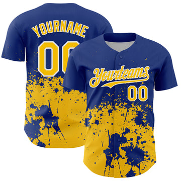 Custom Royal Yellow-White Abstract Splatter Grunge Authentic Baseball Jersey