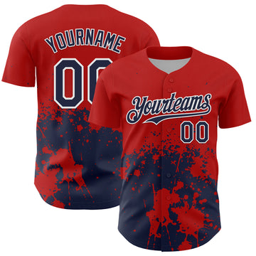 Custom Red Navy-White Abstract Splatter Grunge Authentic Baseball Jersey