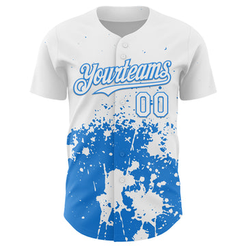 Custom White Powder Blue Abstract Splatter Grunge Authentic Baseball Jersey
