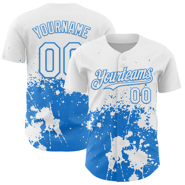 Custom White Powder Blue Abstract Splatter Grunge Authentic Baseball Jersey