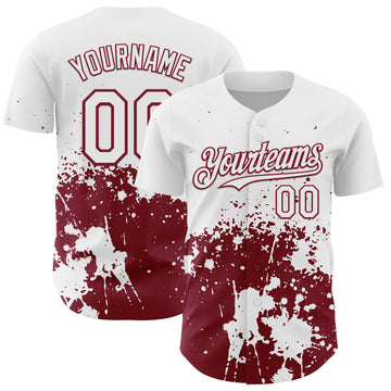 Custom White Crimson Abstract Splatter Grunge Authentic Baseball Jersey