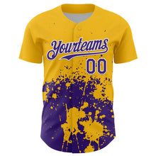 Load image into Gallery viewer, Custom Gold Purple-White Abstract Splatter Grunge Authentic Baseball Jersey
