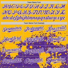 Load image into Gallery viewer, Custom Gold Purple-White Abstract Splatter Grunge Authentic Baseball Jersey
