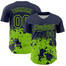 Laden Sie das Bild in den Galerie-Viewer, Custom Navy Neon Green Abstract Splatter Grunge Authentic Baseball Jersey
