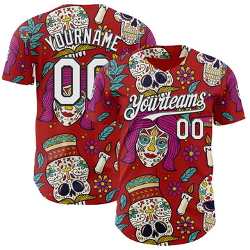 Custom Red White-Black Sugar Skull Day of the Dead Mexican Folk Art Authentic Baseball Jersey