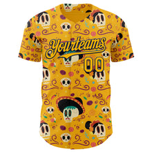 Laden Sie das Bild in den Galerie-Viewer, Custom Gold Navy Sugar Skull Day of the Dead Mexican Folk Art Authentic Baseball Jersey

