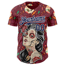 Charger l'image dans la galerie, Custom Burgundy Navy-White Sugar Skull Day of the Dead Mexican Folk Art Authentic Baseball Jersey
