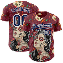 Charger l'image dans la galerie, Custom Burgundy Navy-White Sugar Skull Day of the Dead Mexican Folk Art Authentic Baseball Jersey

