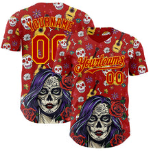 Load image into Gallery viewer, Custom Red Gold Sugar Skull Day of the Dead Mexican Folk Art Authentic Baseball Jersey
