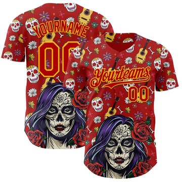 Custom Red Gold Sugar Skull Day of the Dead Mexican Folk Art Authentic Baseball Jersey