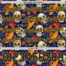 Load image into Gallery viewer, Custom Navy Gold Sugar Skull Day of the Dead Mexican Folk Art Authentic Baseball Jersey
