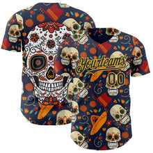 Load image into Gallery viewer, Custom Navy Gold Sugar Skull Day of the Dead Mexican Folk Art Authentic Baseball Jersey

