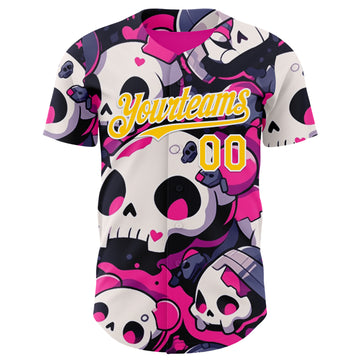 Custom Black Yellow Hot Pink-White Sugar Skull Day of the Dead Mexican Folk Art Authentic Baseball Jersey