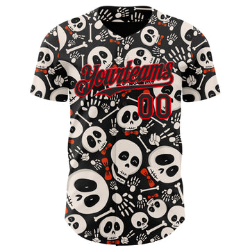 Custom Black Fire Red Sugar Skull Day of the Dead Mexican Folk Art Authentic Baseball Jersey