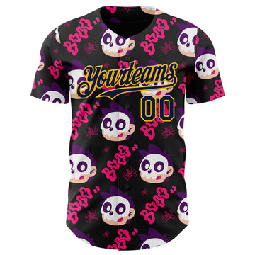 Custom Black Navy Hot Pink-Gold Sugar Skull Day of the Dead Mexican Folk Art Authentic Baseball Jersey